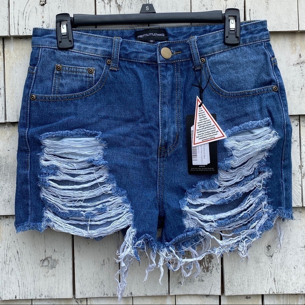 Pretty Little Thing Distressed High Rise Mom Denim Shorts
